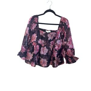 Thirty Thirty Womens Floral Blouse XL Pink Purple Metallic Smocked Romantic Boho